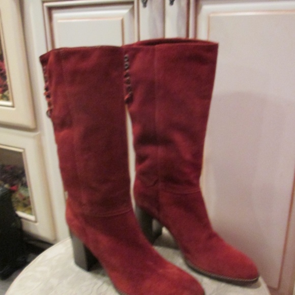 new COACH bright red brown knee hi suede leather boots Sz 9 - Picture 1 of 16